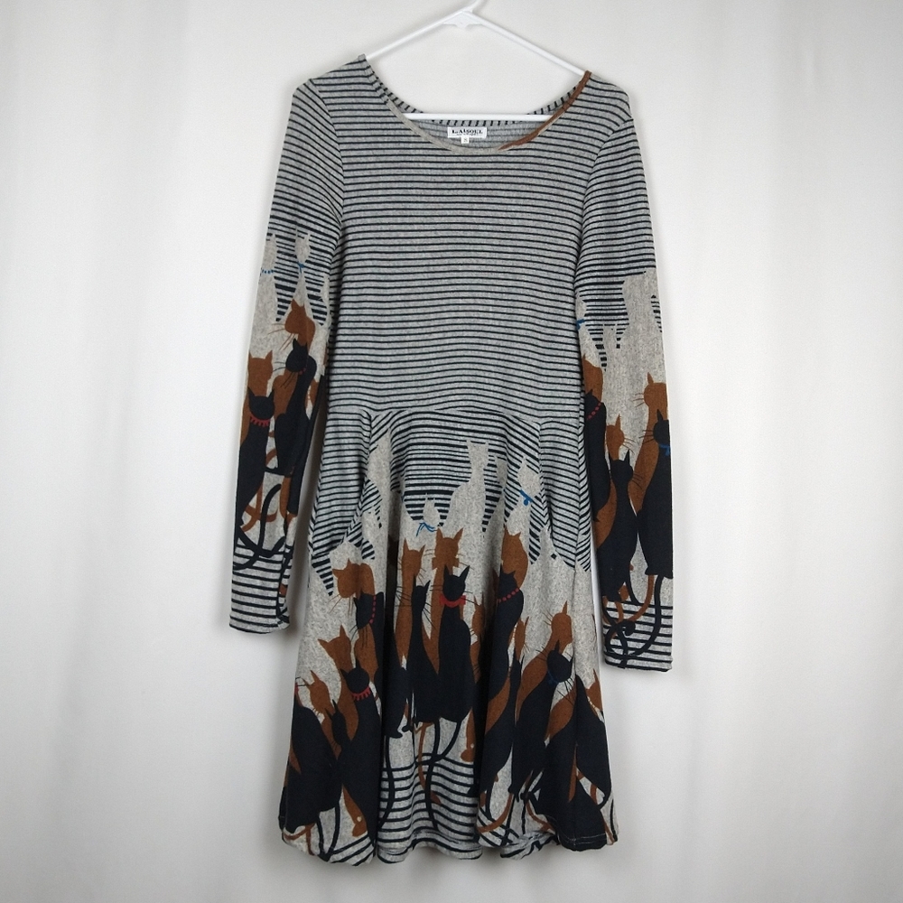 L.A. Soul Cat Kitty Print Striped Midi Dress Small